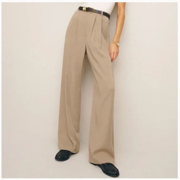 Reformation Mason Khaki Trousers High Waist Pleated Wide Leg Career Women's 10 - Picture 2 of 15